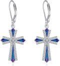 wholesale 925 Sterling Silver Blue Crystal Cross Dangle Drop Leverback Earrings Religious Jewelry for Women Girls 3cm Length-0-0