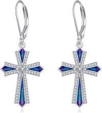wholesale 925 Sterling Silver Blue Crystal Cross Dangle Drop Leverback Earrings Religious Jewelry for Women Girls 3cm Length-B-Cubic Zirconia Blue