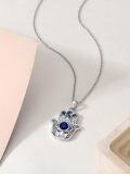 wholesale 925 Sterling Silver Blue Crystal Evil Eye Hamsa Hand Pendant Necklace-0-3