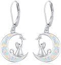 wholesale 925 Sterling Silver Opal Crescent Moon with Black Cat Dangle Earrings for Women-0-0