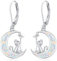 wholesale 925 Sterling Silver Opal Crescent Moon with Black Cat Dangle Earrings for Women-Silver