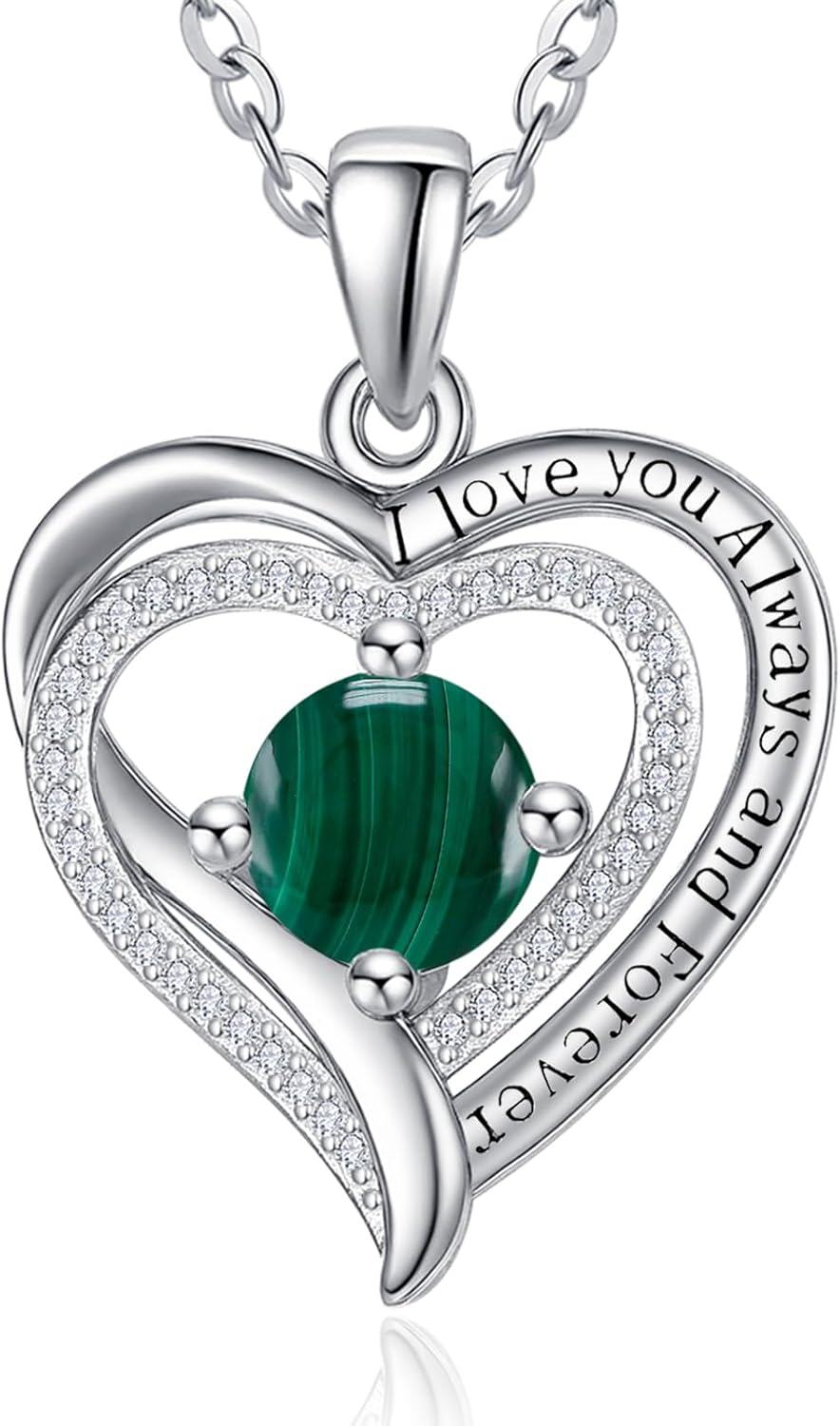 Sterling Silver White Gold Heart Pendant Necklace w Birthstone for Women-Malachite