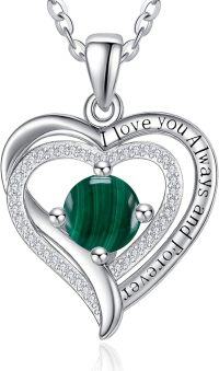 wholesale Sterling Silver White Gold Heart Pendant Necklace w Birthstone for Women-Malachite