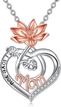 wholesale 925 Sterling Silver Lotus Heart I Love You MOM Pendant Necklaces Gifts for Women Girls Mother's Day Birthday Anniversary Valentine's Christmas Presents Jewelry Accessories-07-July-Lotu