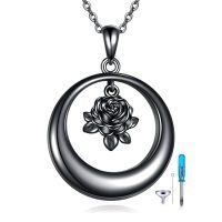 wholesale 925 Sterling Silver Rose Pendant Necklace With Chain-Black Rose Circle Urn