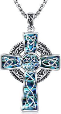wholesale 925 Sterling Silver Abalone Shell Inlay Celtic Knot Cross Pendant Necklace  Norse Viking Jewelry for Men Women-Black-5