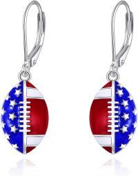 wholesale 925 Sterling Silver American Flag Football Leverback Drop Earrings Sports Gift for Her-Football