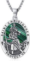 wholesale 925 Sterling Silver St Christopher Protect Us Malachite Stone Oval Pendant Necklace w/ 24 Rolo Chain-0-0