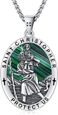 wholesale 925 Sterling Silver St Christopher Protect Us Malachite Stone Oval Pendant Necklace w/ 24 Rolo Chain-A00-Saint Christopher(Malachite)