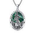 wholesale 925 Sterling Silver St Christopher Protect Us Malachite Stone Oval Pendant Necklace w/ 24 Rolo Chain-0-0