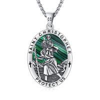 wholesale 925 Sterling Silver St Christopher Protect Us Malachite Stone Oval Pendant Necklace w/ 24 Rolo Chain-A00-Saint Christopher(Malachite)