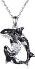 wholesale Rhodium Plated Sterling Silver & CZ Killer Whale Heart Necklace, Adjustable Chain, Hypoallergenic Gift for Women-0-0