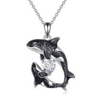 wholesale Rhodium Plated Sterling Silver & CZ Killer Whale Heart Necklace, Adjustable Chain, Hypoallergenic Gift for Women-white
