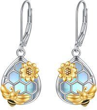 wholesale 925 Sterling Silver Honeycomb Bee Flower Teardrop Dangle Earrings for Women and Girls-Tree+Moonstone