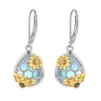 wholesale 925 Sterling Silver Honeycomb Bee Flower Teardrop Dangle Earrings for Women and Girls-Tree+Moonstone