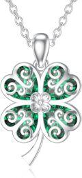 wholesale 925 Sterling Silver Green Crystal Four-Leaf Clover Pendant Necklace Luck Charm Jewelry for Women Girls Gifts 20 Chain-0-0