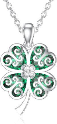 wholesale 925 Sterling Silver Green Crystal Four-Leaf Clover Pendant Necklace Luck Charm Jewelry for Women Girls Gifts 20 Chain-Clover