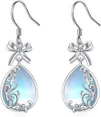 wholesale 925 Sterling Silver Rainbow Moonstone Bowknot Drop Dangle Lever Back Earrings-Bow Earrings