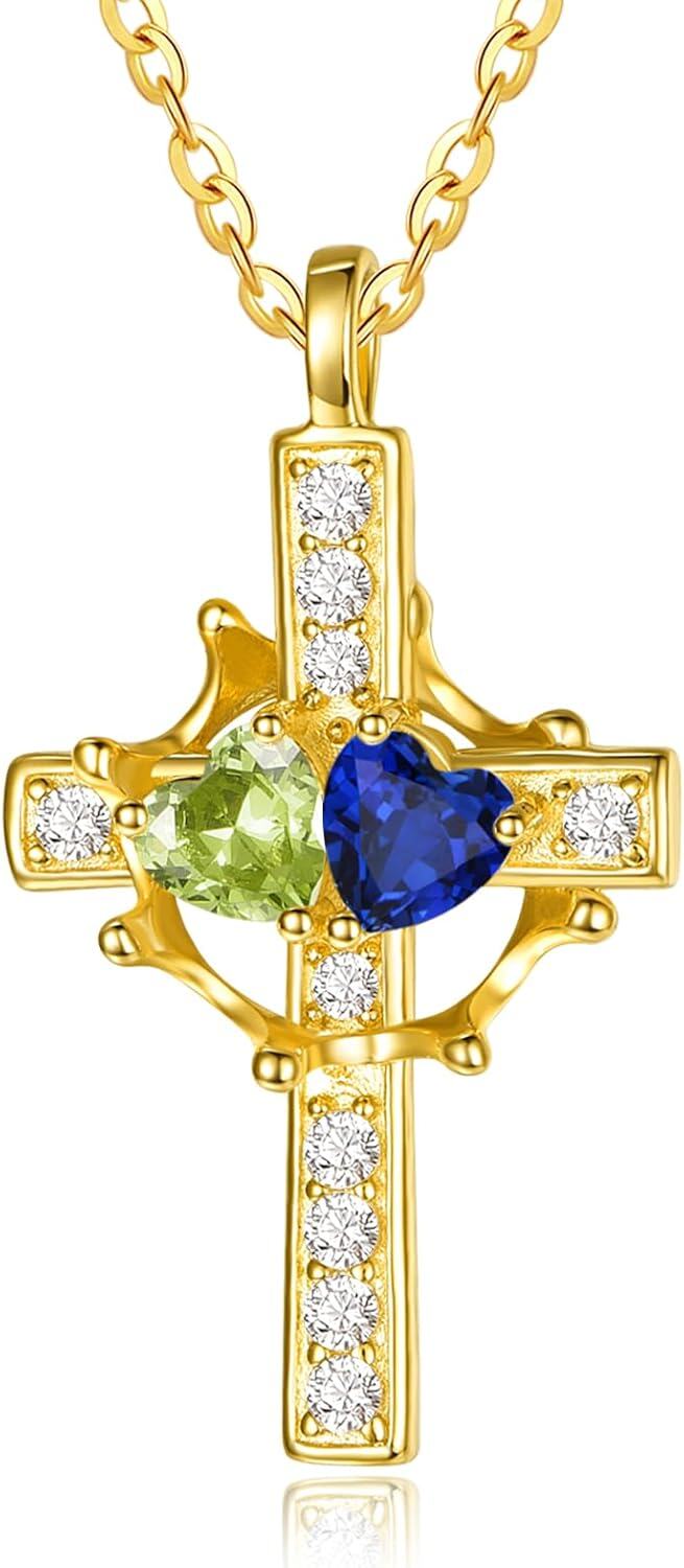 Sterling Silver Birthstones Gold Cross Necklace for Women -08-09-Aug-Sept-08-09-Aug-Sept