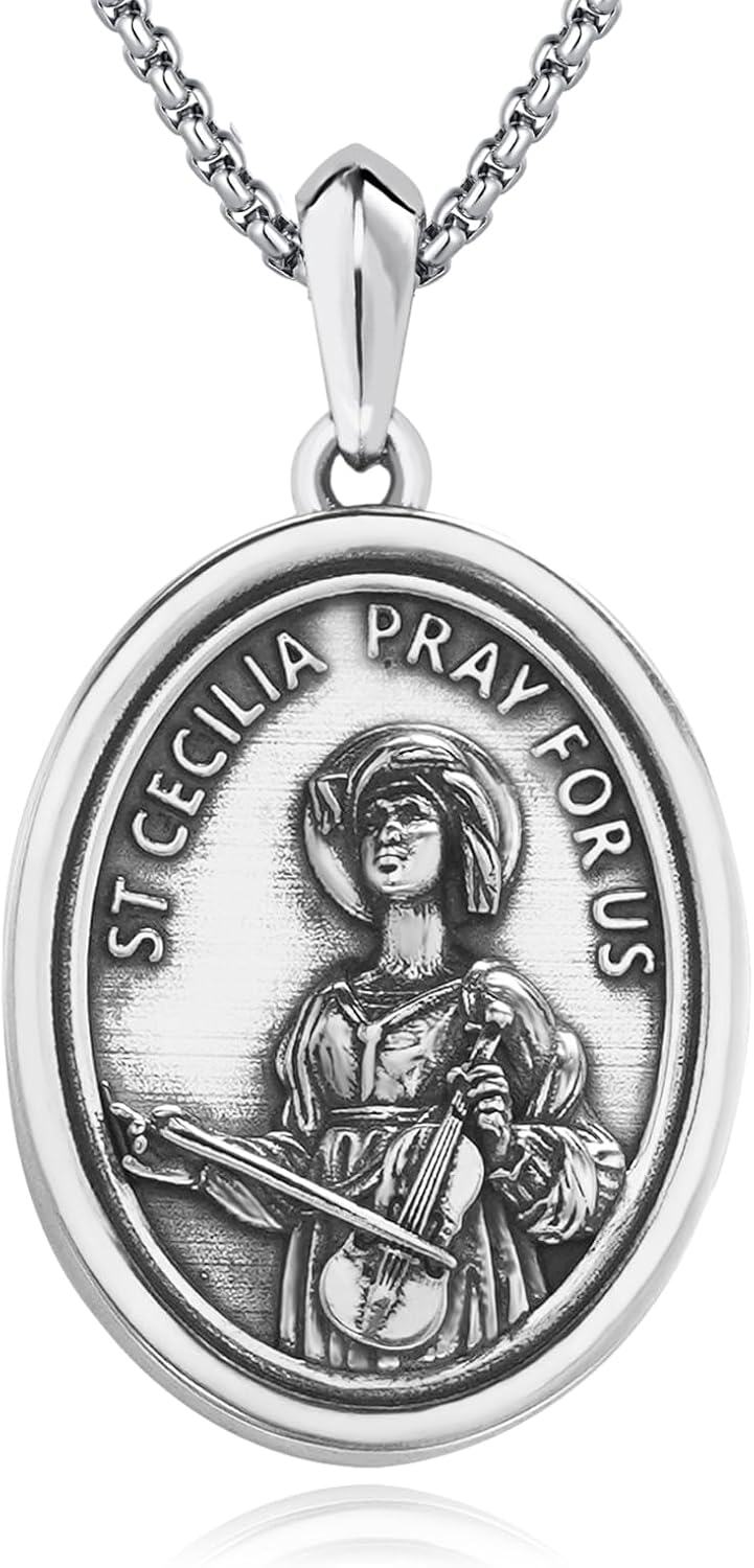 925 Sterling Silver St Cecilia Oval Medal Prayer Jewelry for Women Girls Christian Gift-0-0