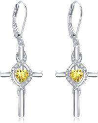 wholesale 925 Sterling Silver Birthstone Cross Dangle Earrings for Women-11-Nov-Created Citrine
