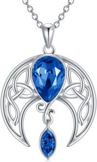 wholesale Sterling Silver Birthstone Crystal Celtic Moon Goddess Pendant-09_Simulated Sapphire