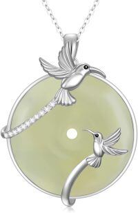 wholesale 925 Sterling Silver Green Jade Pendant with Two Flying Birds - Unique Gemstone s for Her-Hummingbird-White Gold