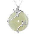 wholesale 925 Sterling Silver Double Hummingbird Green Jade Donut Pendant Necklace Platinum Plated-0-0