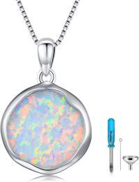 wholesale 925 Sterling Silver Round Opal & Turquoise Cremation Jewelry Keepsake Pendant Urn Necklace with Funnel and Screwdriver Set-Opal-round