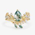 TOUPOP 10k 14k 18k Gold Sterling Silver Natural Moss Agate Moissanite Pear Ring Set-0-1