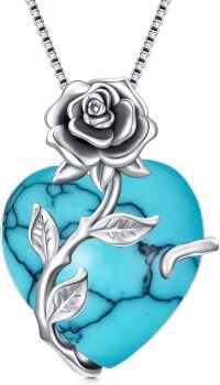 wholesale Sterling Silver Crystal Rose Flower Heart Pendant Necklace-Turquoise
