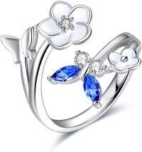 wholesale 925 Sterling Silver Cubic Zirconia Butterfly Flower Adjustable Ring-Deep Blue- Sapphire