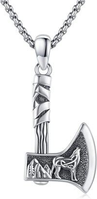 wholesale 925 Sterling Silver Viking Wolf Head Thor's Hammer Mjolnir Amulet Pendant Necklace  Norse Runes Jewelry for Men Women Gift 47cm Chain Length-Axe Wolf