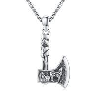 wholesale 925 Sterling Silver Viking Axe Pendant Necklace With Wolf Design-Axe Wolf