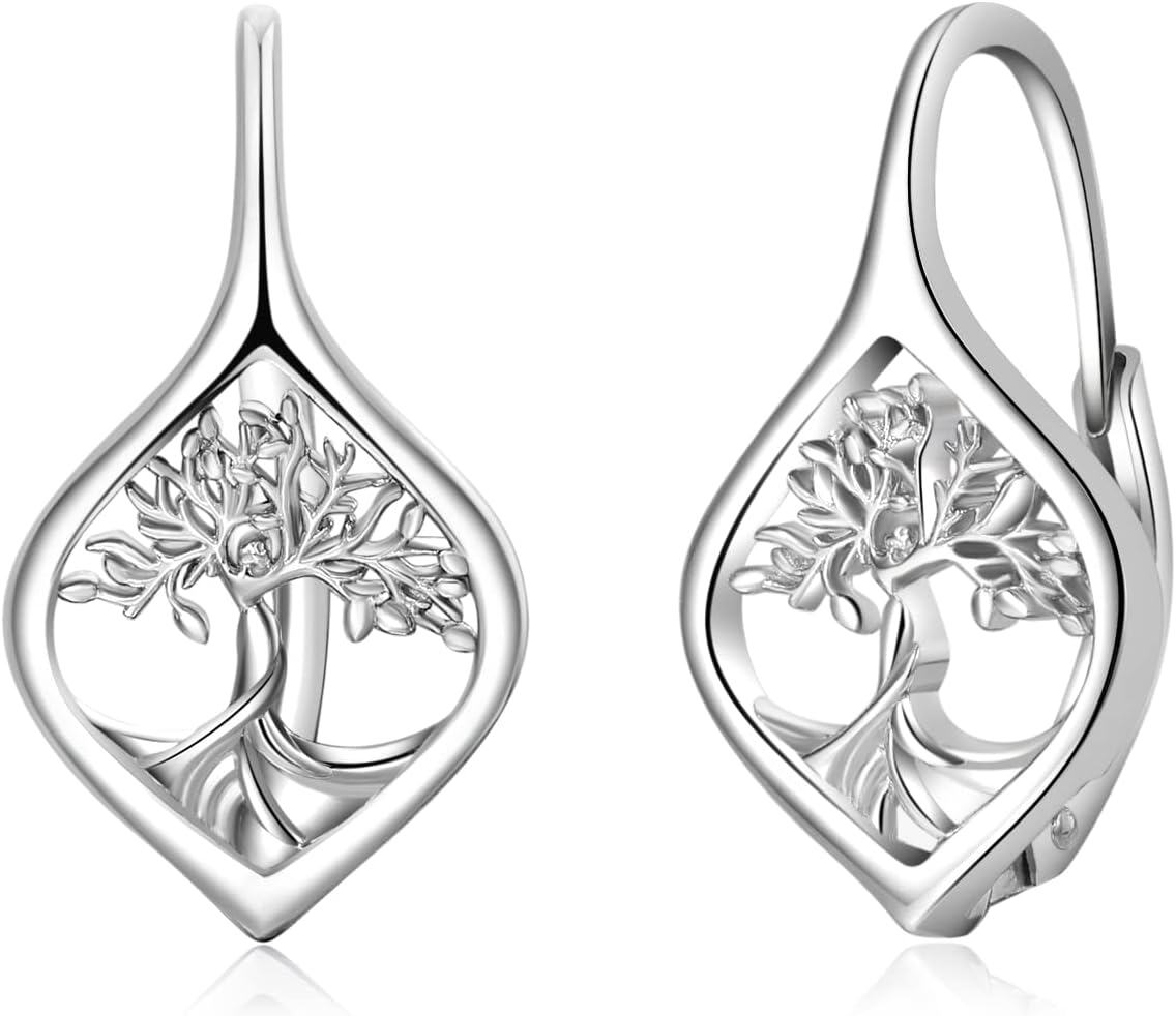 Sterling Silver Leverback Dangle Drop Hoop Earrings for Women Birthday Anniversary Christmas Gifts-06-Leverback-Tree of Life