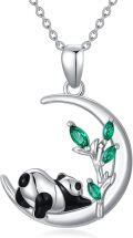 wholesale 925 Sterling Silver Moon & Panda Charm Emerald Gemstone Pendant Necklace s for Women Girls Sis-0-0