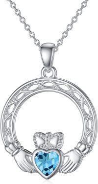 wholesale 925 Sterling Silver Claddagh Necklace w Simulated Birthstone Celtic Knot Heart Pendant-12-December