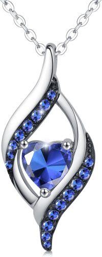 wholesale Platinum Plated 925 Sterling Silver Birthstone Necklace Heart Pendant Gift for Women-September-Sapphire Blue