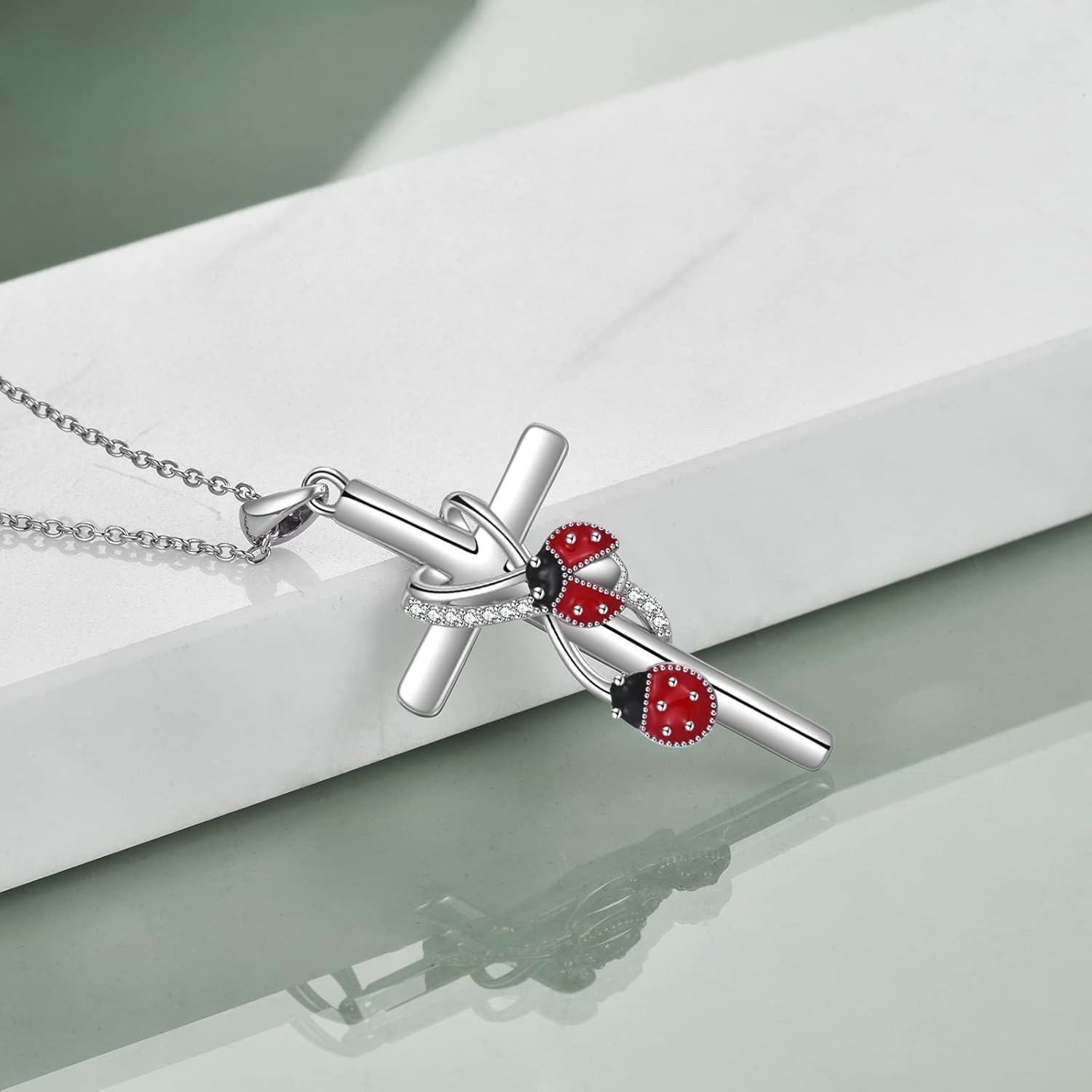 wholesale 925 Sterling Silver Ladybug Cross Pendant Necklaces for Women Gift Ideas-0-2