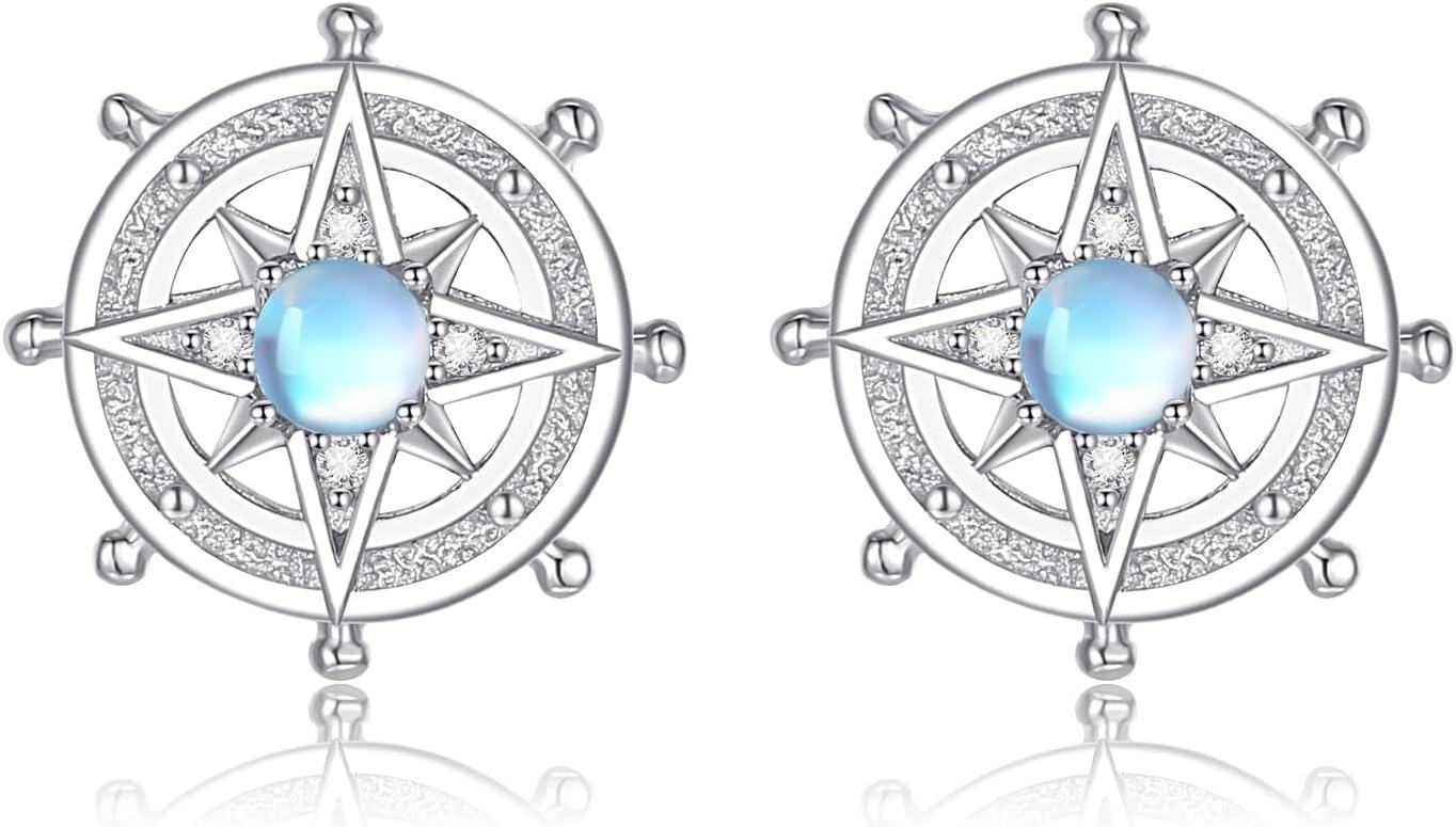Sterling Silver Moonstone Birthstone Opal Star Planet Panda Whale Heart Earrings for Women -Star Rudder Earrings