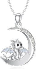wholesale 925 Sterling Silver & White Zirconia Dragon April Birthstone Necklace with Crescent Moon Pendant-0-0