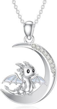 wholesale 925 Sterling Silver & White Zirconia Dragon April Birthstone Necklace with Crescent Moon Pendant-April