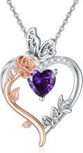 wholesale TOUPOP February Birthstone Necklace 925 Sterling Silver Rose Heart Amethyst Necklace Heart Butterfly Pendant Necklace Jewelry Anniversary Birthday Christmas Gifts For Women Her Wife Girlfriend Mom -0-0