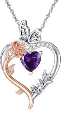 wholesale TOUPOP February Birthstone Necklace 925 Sterling Silver Rose Heart Amethyst Necklace Heart Butterfly Pendant Necklace Jewelry Anniversary Birthday Christmas Gifts For Women Her Wife Girlfriend Mom -undefined
