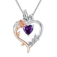 TOUPOP Sterling Silver Amethyst Heart Butterfly Pendant Necklace-undefined