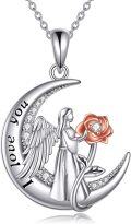 wholesale 925 Sterling Silver Angel with Moon and Rose Pendant Necklace for Women-0-0