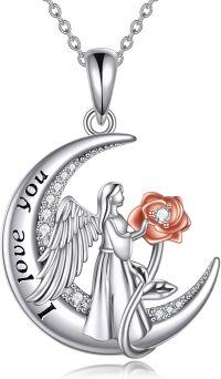 wholesale 925 Sterling Silver Angel with Moon and Rose Pendant Necklace for Women-Angel Rose Necklace