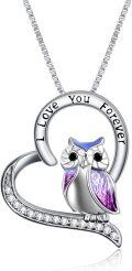 wholesale 925 Sterling Silver Purple Enamel Owl Pendant with I Love You Forever Inscription and Cubic Zirconia Chain - Valentine's Day Gift for Her-0-0