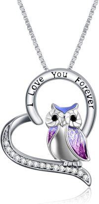 wholesale 925 Sterling Silver Purple Enamel Owl Pendant with I Love You Forever Inscription and Cubic Zirconia Chain - Valentine's Day Gift for Her-I Love You Forever Owl Gifts
