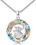 wholesale 925 Sterling Silver Rainbow Crystal Highland Cow Pendant Necklace-0-0